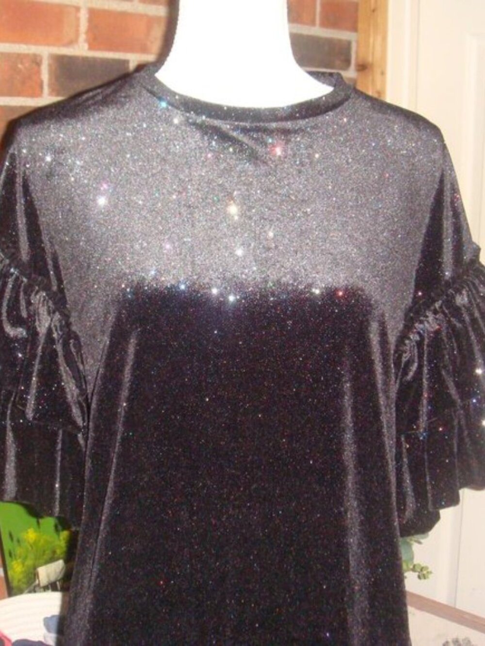 H&M Velour Black SPARKLE Ruffle Sleeve Party Dress XS - Picture 3 of 8